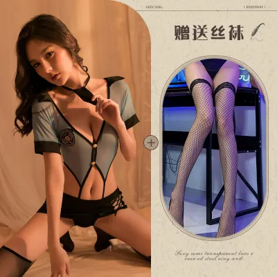 Women Fashion Sexy Deep V Hollow Strap Policewoman Uniform Fun Costume Set