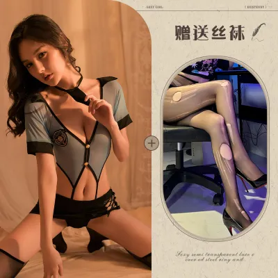 Women Fashion Sexy Deep V Hollow Strap Policewoman Uniform Fun Costume Set