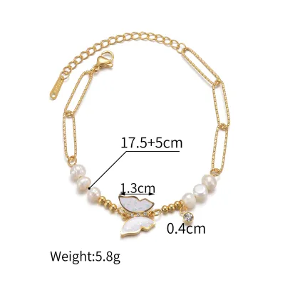 Women Fashion Simple Butterfly Pearl Stainless Steel Bracelet