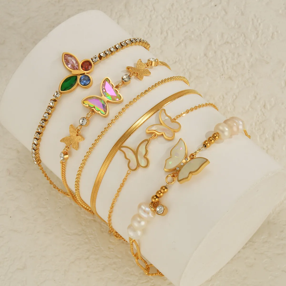 Women Fashion Simple Butterfly Pearl Stainless Steel Bracelet