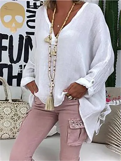 Plus Size Linen Loose V-Neck Blouse for Women