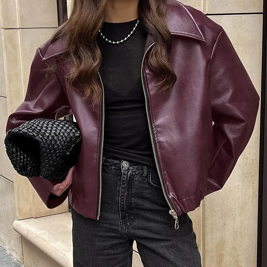 Autumn Winter Women Punk Lapel Zipper Long Sleeve Loose PU Coat