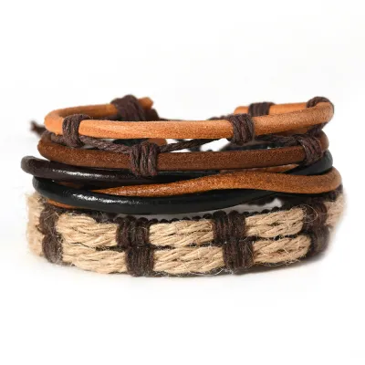 Men Fashion Casual Vintage DIY Woven Multi-Layer Cowhide Bracelet Unisex Geometric