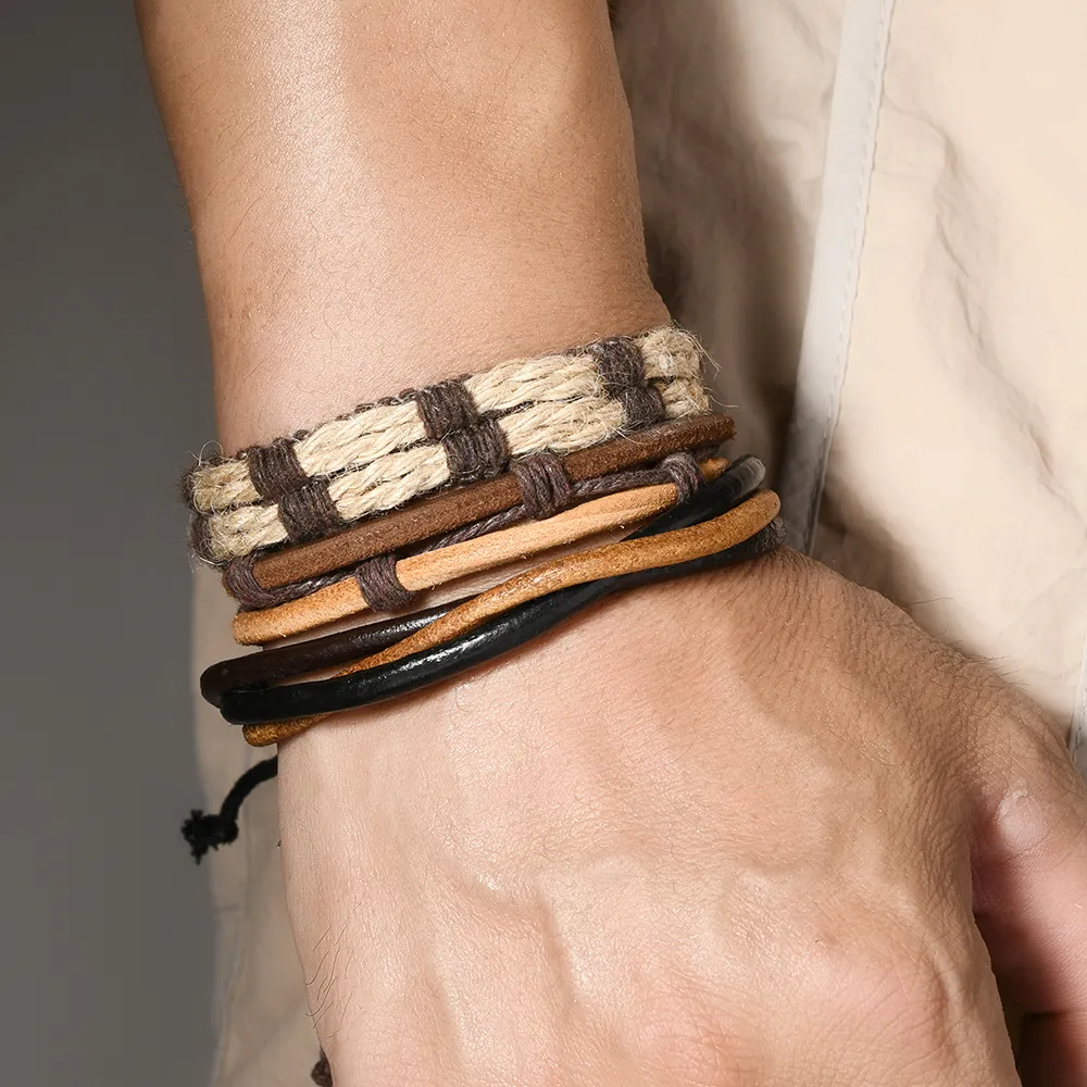 Men Fashion Casual Vintage DIY Woven Multi-Layer Cowhide Bracelet Unisex Geometric