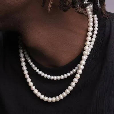 Men Fashion Retro Hip Hop Pearl Necklace