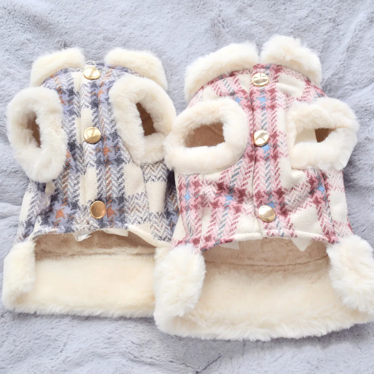 Tragable Plaid Fleece-Lined Pet Vest for Autumn Winter