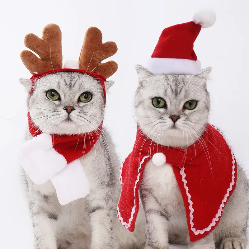 Christmas Pet Cat Dog Hat Headwear Cape Costume with Polyester Material