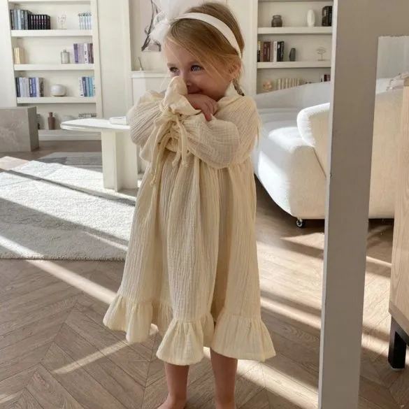 Kids Toddler Girls Casual Pastoral British Style Solid Color Long Sleeve Dress
