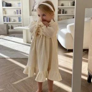Kids Toddler Girls Casual Pastoral British Style Solid Color Long Sleeve Dress