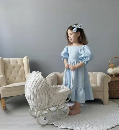 Kids Toddler Girls Casual Pastoral Solid Color Linen Puff Sleeve Strap A-Line Dress