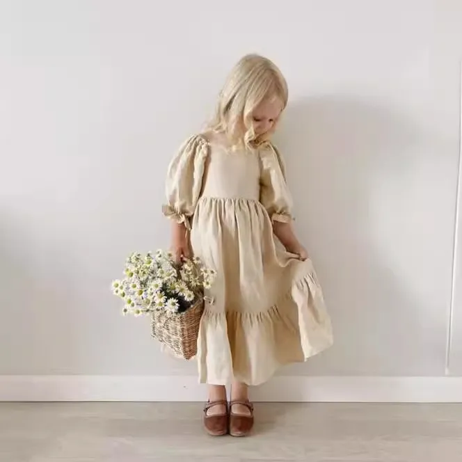 Kids Toddler Girls Casual Pastoral Solid Color Linen Puff Sleeve Strap A-Line Dress