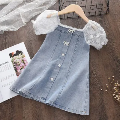 Kids Toddler Girls Casual Cute Basic Puff Sleeve Denim Dress