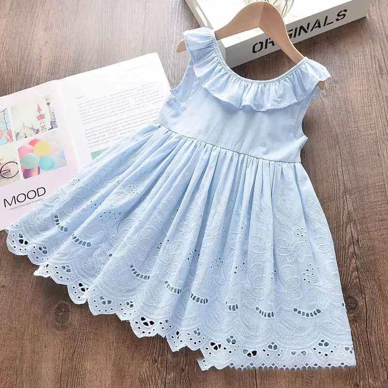 Kids Toddler Girls Casual Cute Hollow Flower Lace Sleeveless Cotton Pleated Dress