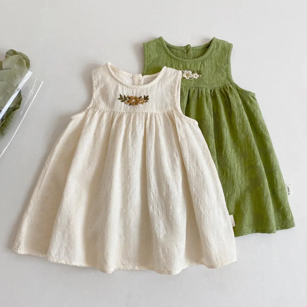 Kids Toddler Girls Casual Cute Flower Embroidery Sleeveless Mori Girl Dress