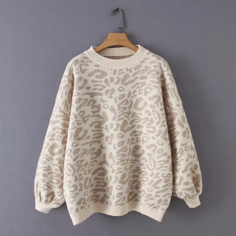 Autumn Winter Women Loose Leopard Crewneck Long Sleeve Knitted Sweater