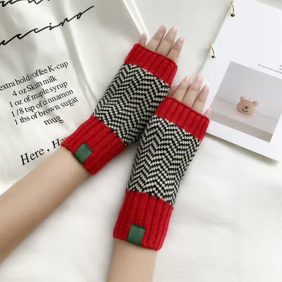 Women's Fashion Christmas Snowflake Stripe Knitted Half Finger Warm Gloves