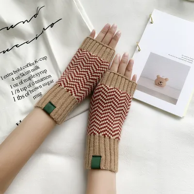 Women's Fashion Christmas Snowflake Stripe Knitted Half Finger Warm Gloves