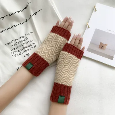 Women's Fashion Christmas Snowflake Stripe Knitted Half Finger Warm Gloves