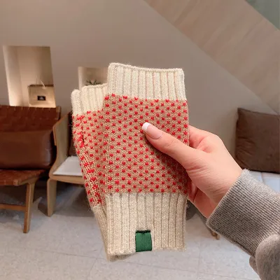Women's Fashion Christmas Snowflake Stripe Knitted Half Finger Warm Gloves