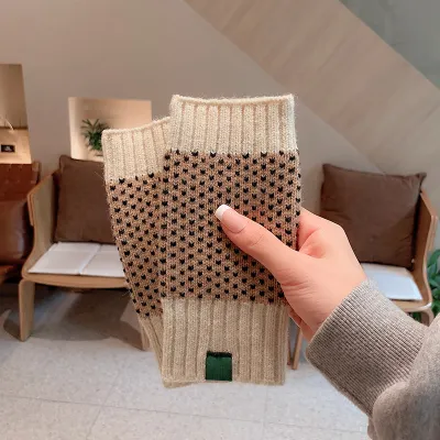 Women's Fashion Christmas Snowflake Stripe Knitted Half Finger Warm Gloves