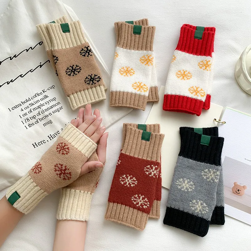 Women's Fashion Christmas Snowflake Stripe Knitted Half Finger Warm Gloves