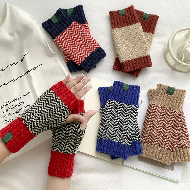 Autumn Winter Women Fashion Stripe Knitted Warm Wool Half Finger Gloves