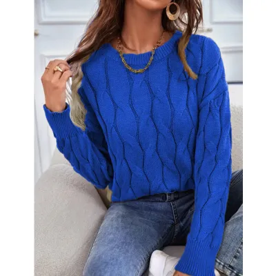 Autumn Winter Women Fashion Solid Color Twist Crewneck Long Sleeve Knitted Sweater