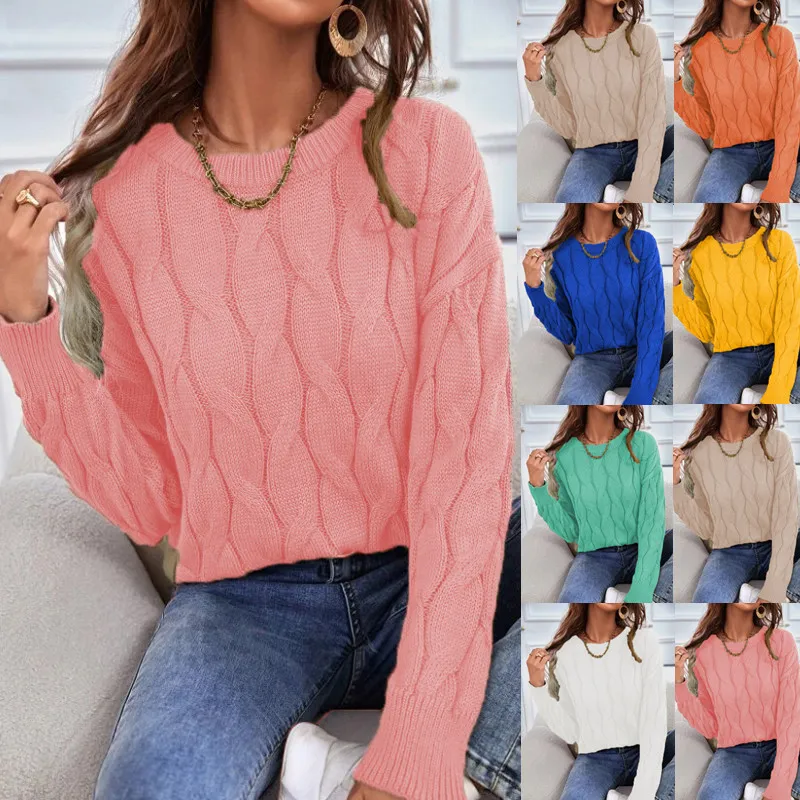 Autumn Winter Women Fashion Solid Color Twist Crewneck Long Sleeve Knitted Sweater