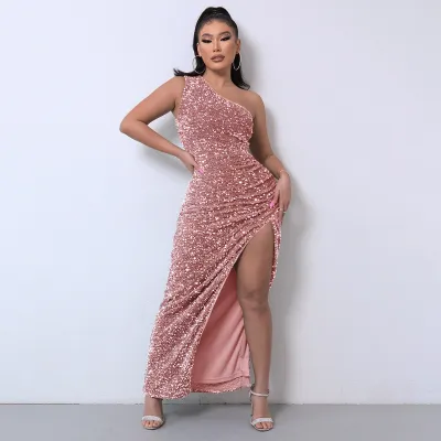 Women Fashion Sexy Oblique Shoulder Sequin Flannel Split Party Dress
