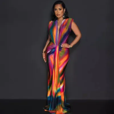 Summer Women Fashion Sexy V-Neck Color Block Print Slim-Fit Maxi Dress