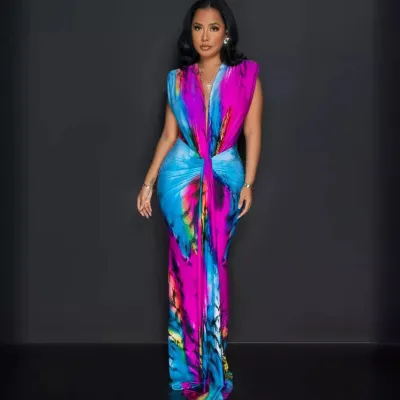 Summer Women Fashion Sexy V-Neck Color Block Print Slim-Fit Maxi Dress