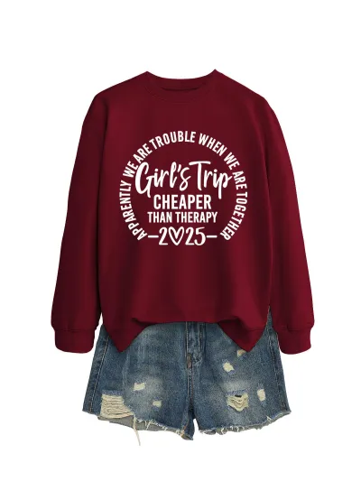 Women Casual Solid Color 2025 Letter Print Round Neck Long Sleeve Pullover Sweatshirt