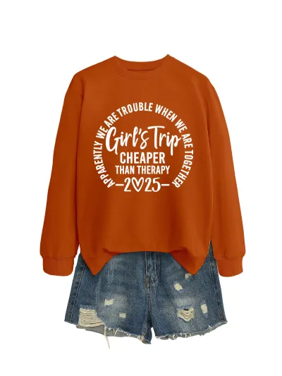 Women Casual Solid Color 2025 Letter Print Round Neck Long Sleeve Pullover Sweatshirt