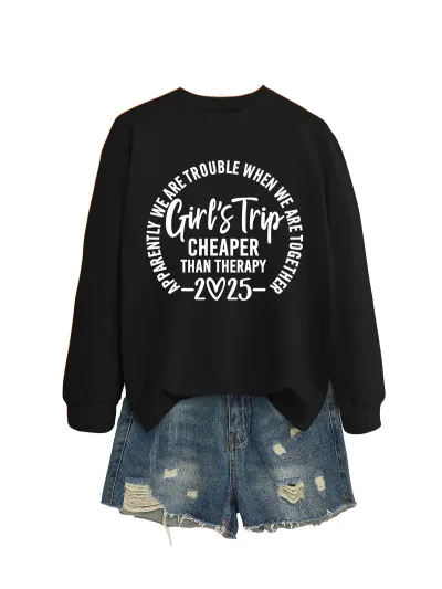 Women Casual Solid Color 2025 Letter Print Round Neck Long Sleeve Pullover Sweatshirt