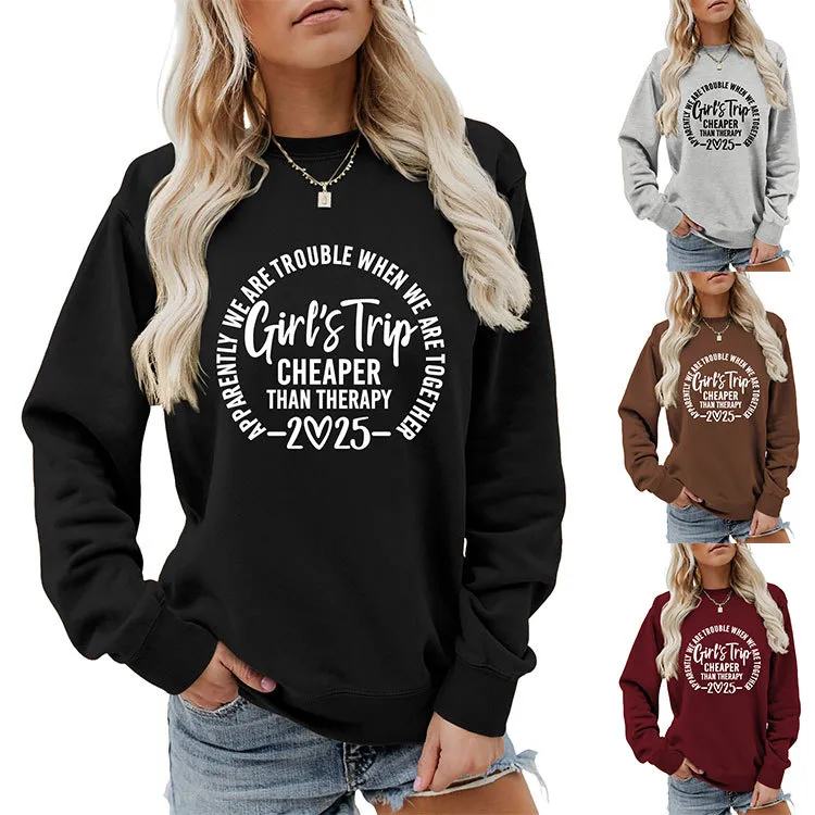 Women Casual Solid Color 2025 Letter Print Round Neck Long Sleeve Pullover Sweatshirt
