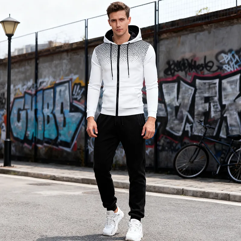 Men Spring Autumn Fashion Casual Sports Polka Dot Print Long Sleeve Hoodies Jogger Pants Sets
