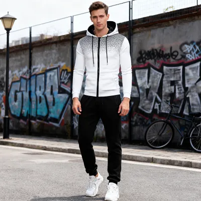 Men Spring Autumn Fashion Casual Sports Polka Dot Print Long Sleeve Hoodies Jogger Pants Sets