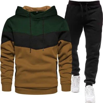 Men Spring Autumn Fashion Casual Sports Color Matching Long Sleeve Hoodies Jogger Pants Sets
