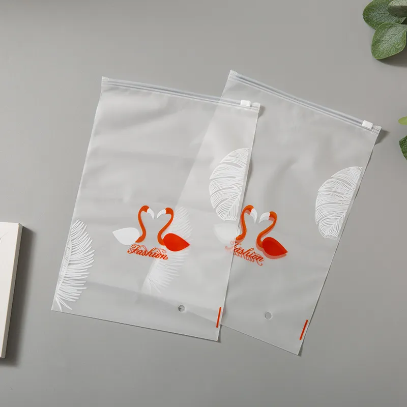 Translucent Frosted Cygnet Feather Printing Zipper Storage Gift Clothing Packaging Shopping Bags