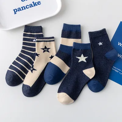 Kids Boys Cute Basic Stripe Star Mid-Calf Cotton Socks 100%