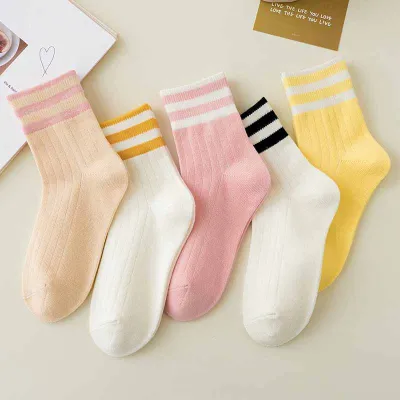 Kids Boys Girls Cute Stripe Mid-Calf Socks Cotton Solid Color