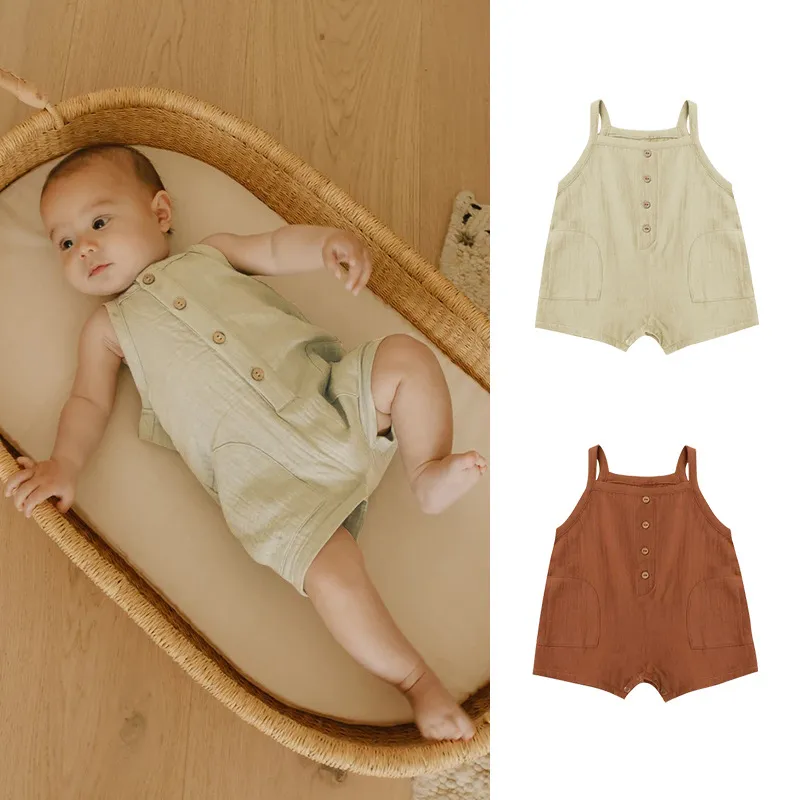 Kids Baby Boys Girls Casual Cute Solid Color Sleeveless Strap Romper 0-3T