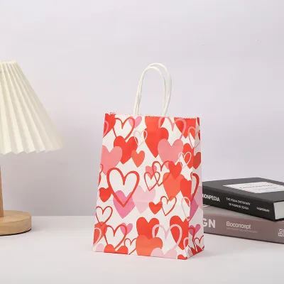 Heart-Shaped Bear Print Kraft Paper Tote Bag Valentine Party Gift Bag