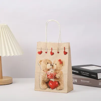 Heart-Shaped Bear Print Kraft Paper Tote Bag Valentine Party Gift Bag
