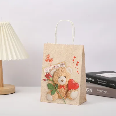 Heart-Shaped Bear Print Kraft Paper Tote Bag Valentine Party Gift Bag