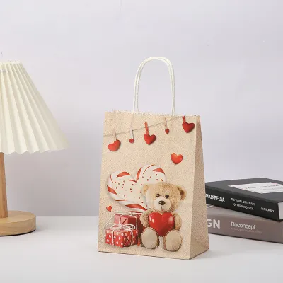 Heart-Shaped Bear Print Kraft Paper Tote Bag Valentine Party Gift Bag