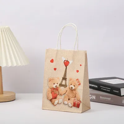 Heart-Shaped Bear Print Kraft Paper Tote Bag Valentine Party Gift Bag