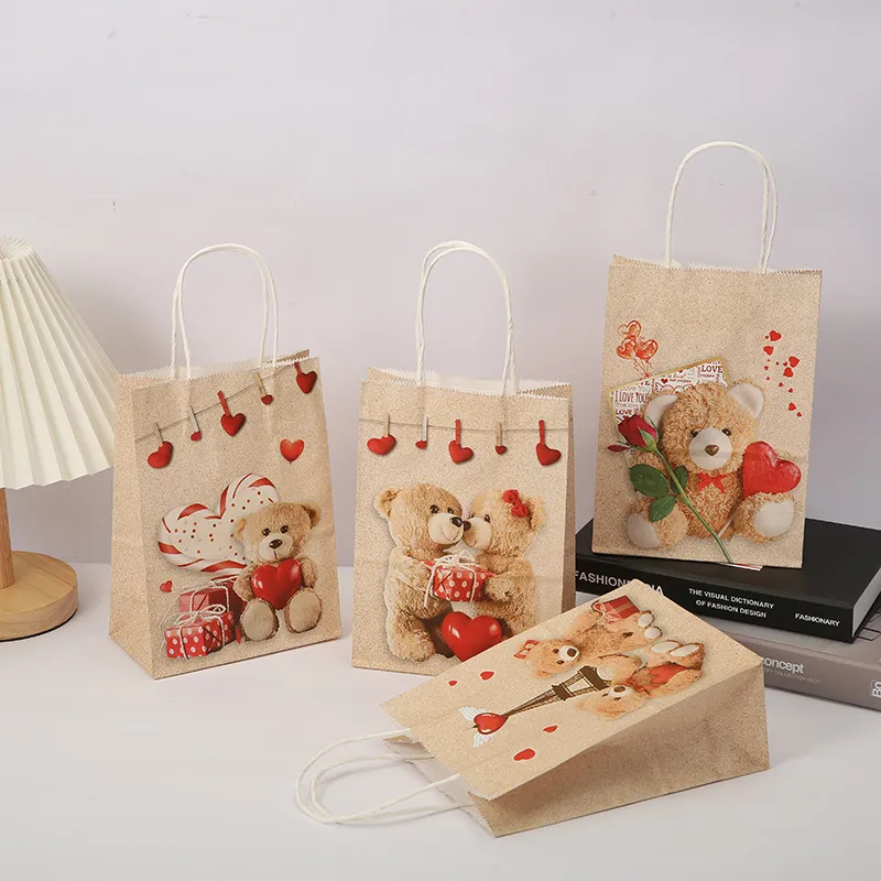 Heart-Shaped Bear Print Kraft Paper Tote Bag Valentine Party Gift Bag