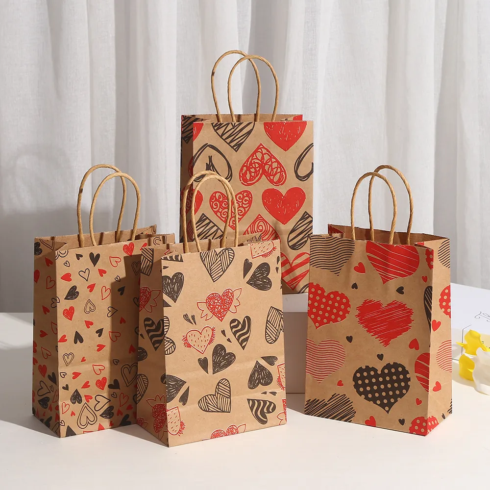 Valentine Cartoon Heart Print Kraft Paper Gift Bag for Party
