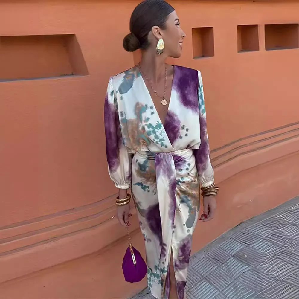 Summer Women's V-Neck Graphic Print Long Sleeve Top and Split Skirt Two-Piece Set